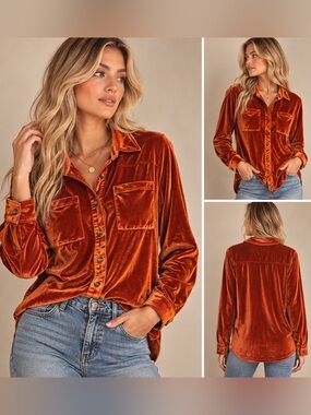 Jess Lea Burnt Orange Rust Fall Velvet Button-Up Shirt Collared Long Sleeve S